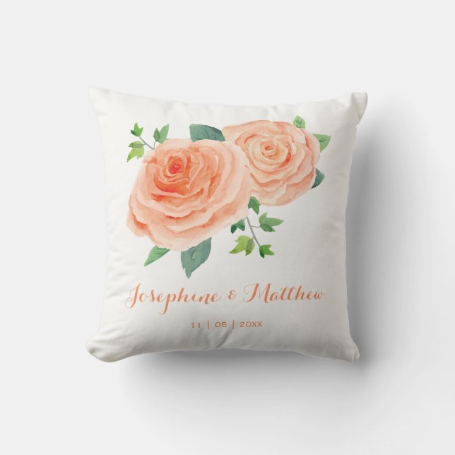Peach Rose Wedding Throw Pillow (Front)