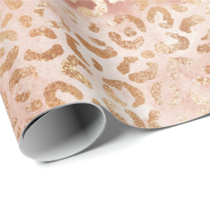 Peach Rose White Leopard Print Wrapping Paper