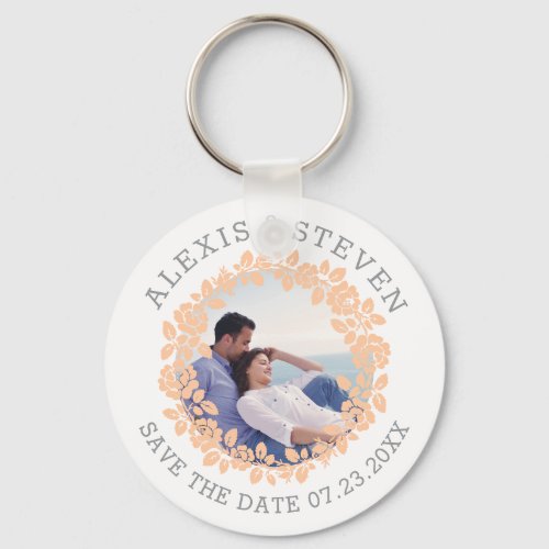 Peach rose wreath floral Save the Date photo Keychain