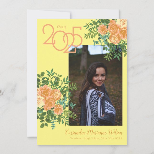 Peach Rose Yellow Photo Graduation Announcement (Front)