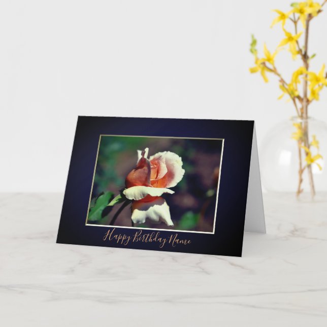 Peach Rosebud Floral Personalized Birthday  Card (Yellow Flower)