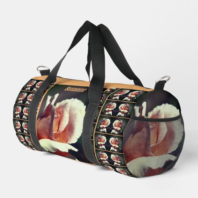 Peach Rosebud Flower Mirror Personalized Duffle Bag (Right Corner)