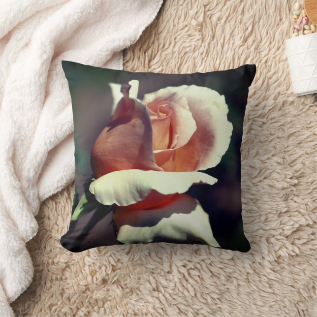 Peach Rosebud Flower  Throw Pillow (Blanket)