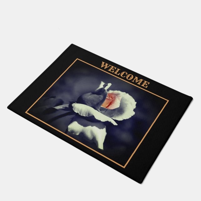 Peach Rosebud Partial Color Flower Welcome Doormat (Angled)