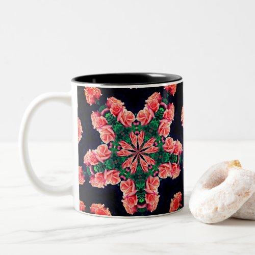 Peach Rosebuds Kaleidoscope Flower Art Two_Tone Coffee Mug