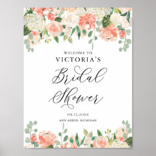 Peach Roses and Hydrangeas Bridal Shower Welcome Poster