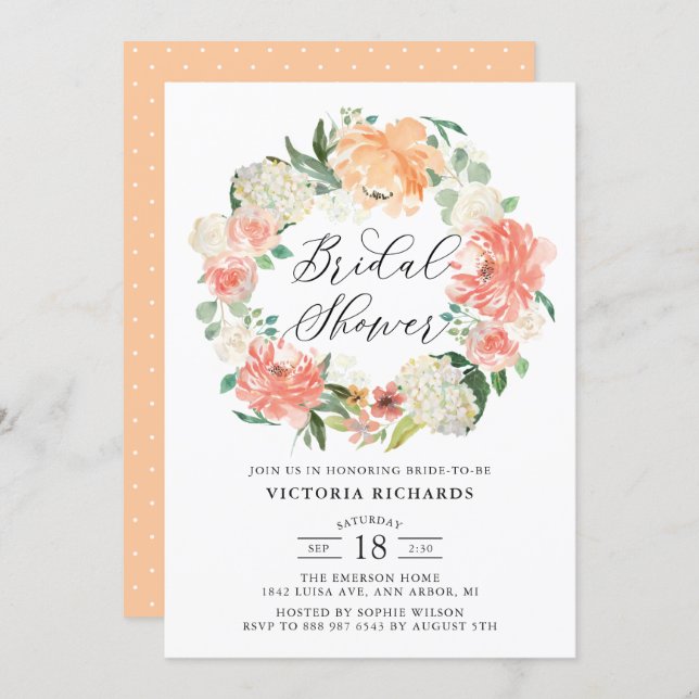 Peach Roses and Hydrangeas Wreath Bridal Shower Invitation (Front/Back)