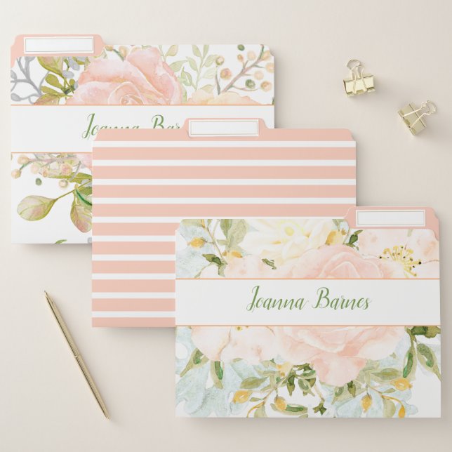 Peach Roses Bouquet Greenery Monogram File Folder (Set)