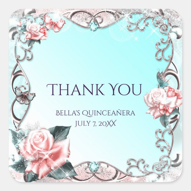 Peach Roses & Butterflies Birthday Party Favor Square Sticker (Front)