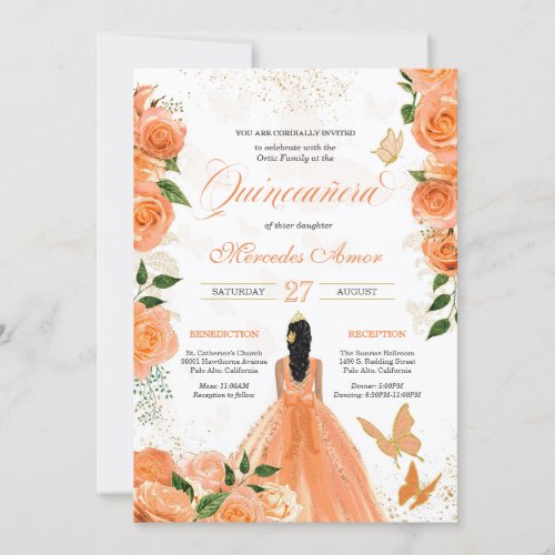 Peach Roses Butterflies Mariposa Quinceanera Invitation