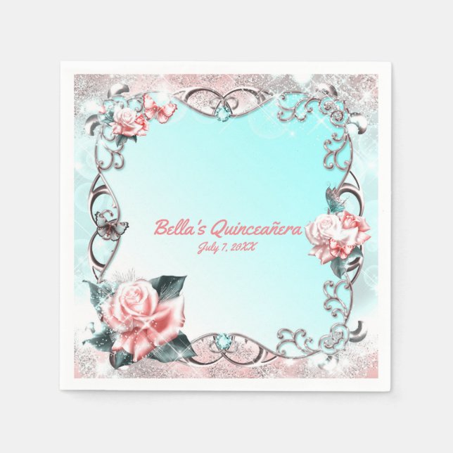 Peach Roses & Butterflies Quinceañera Party Paper Napkins (Front)