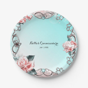Peach Roses & Butterflies Sparkle Birthday Party Paper Plates