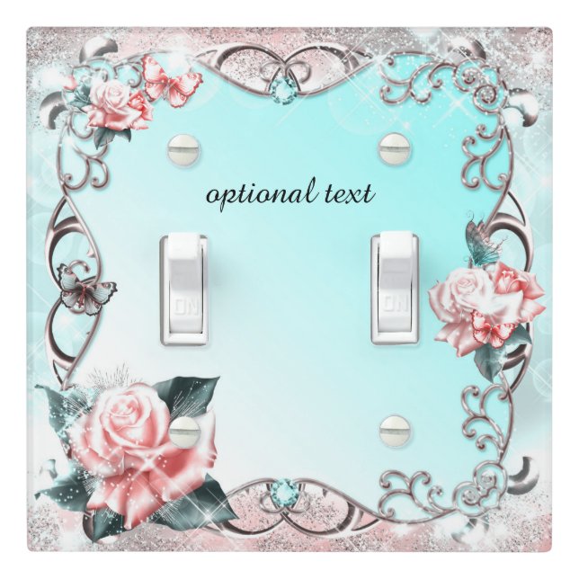 Peach Roses & Butterflies Sparkle Glamour Light Switch Cover (In Situ)
