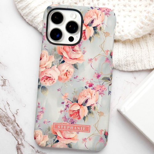 Peach Roses Custom Name Floral Iphone 16 Pro Max Case