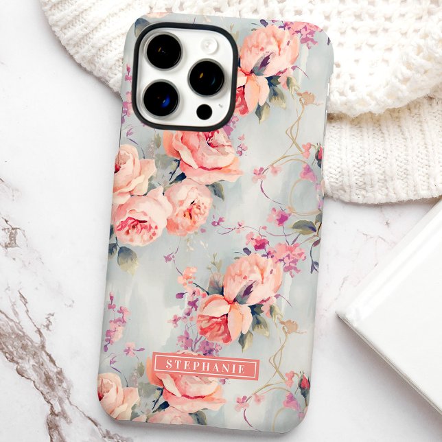 Peach Roses Custom Name Floral Case-Mate iPhone Case (Creator Uploaded)