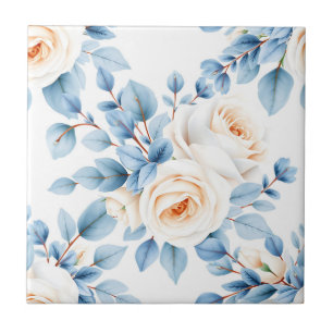 Peach Roses Dusty Blue Eucalyptus Pattern Ceramic Tile