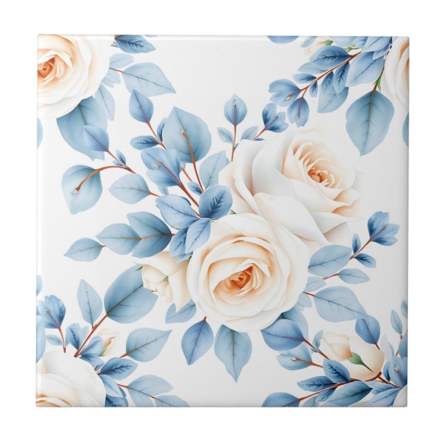 Peach Roses Dusty Blue Eucalyptus Pattern Ceramic Tile (Front)