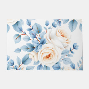 Peach Roses Dusty Blue Eucalyptus Pattern Doormat