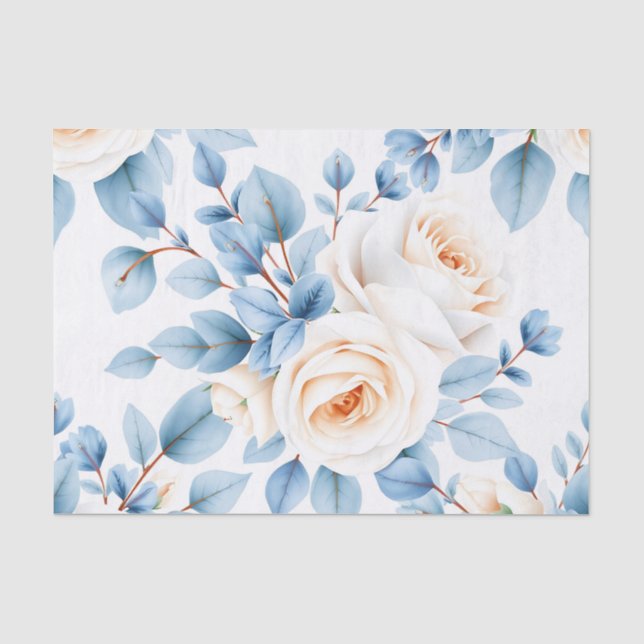 Peach Roses Dusty Blue Eucalyptus Pattern Tissue Paper (Front)