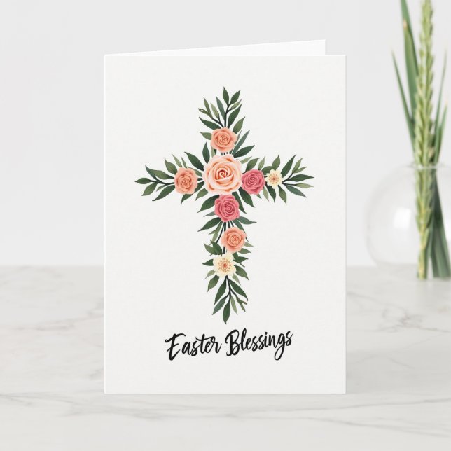 Peach Roses Faux Gold Easter Card (Front)