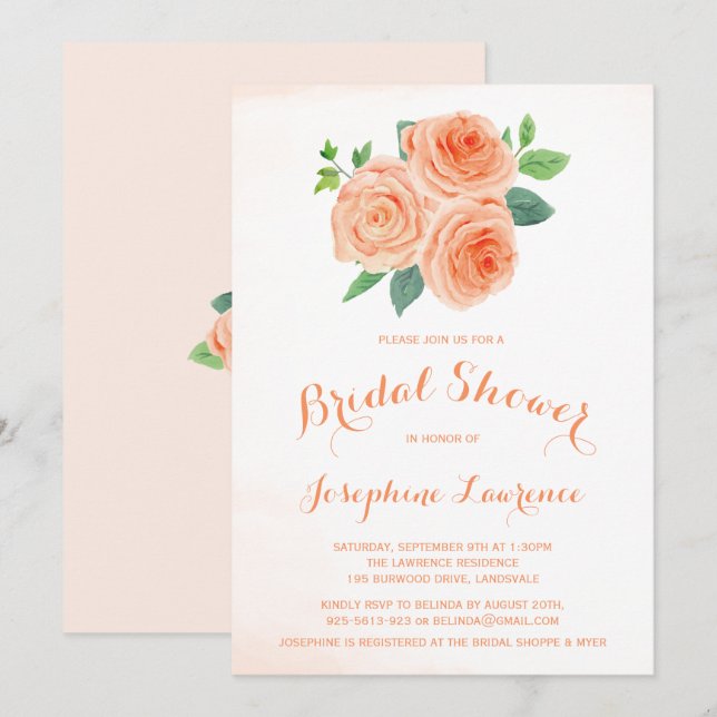 Peach Roses Floral Bridal Shower Invitations (Front/Back)