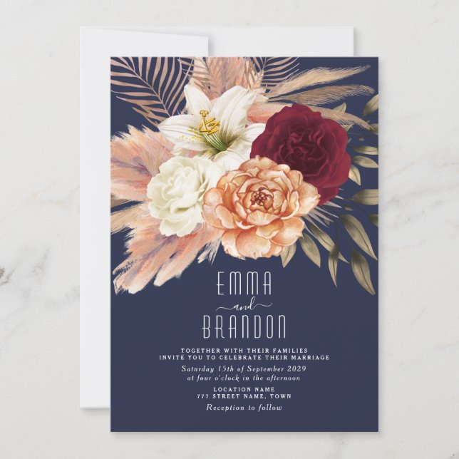 Peach Roses Floral Burgundy Navy Blue Wedding  Invitation (Front)