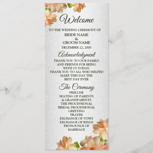 Peach Roses Floral Silver Glitter Elegant Wedding  Program (Front)