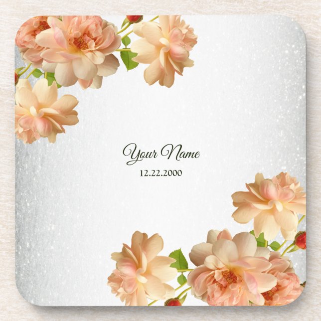 Peach Roses Floral Silver Glitter Wedding Party Beverage Coaster (Front)