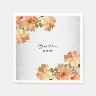 Peach Roses Floral Silver Glitter Wedding Party Napkins