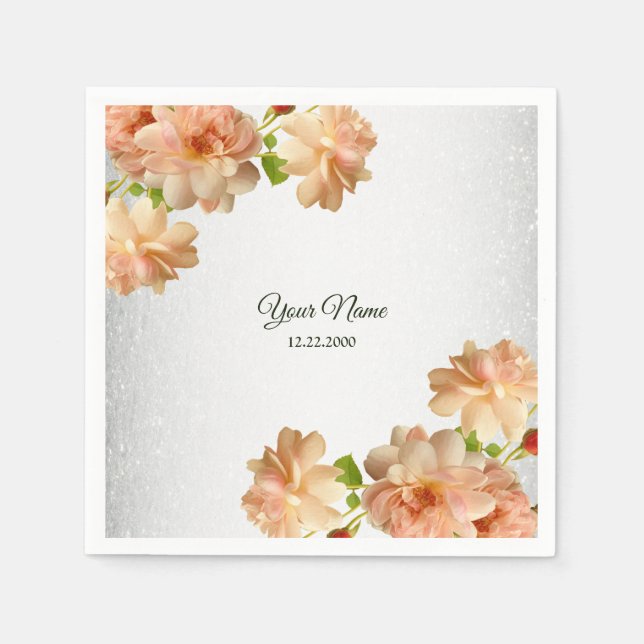 Peach Roses Floral Silver Glitter Wedding Party Napkins (Front)
