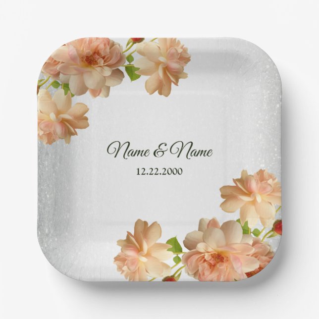 Peach Roses Floral Silver Glitter Wedding Party Paper Plates (Front)