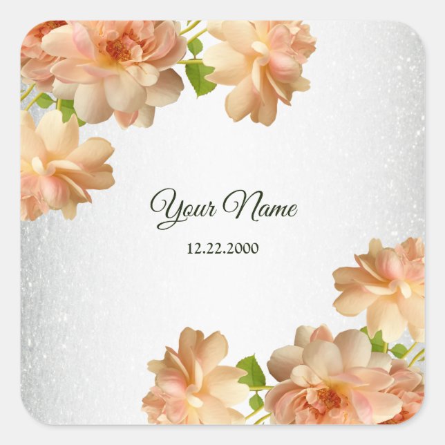 Peach Roses Floral Silver Glitter Wedding Party Square Sticker (Front)