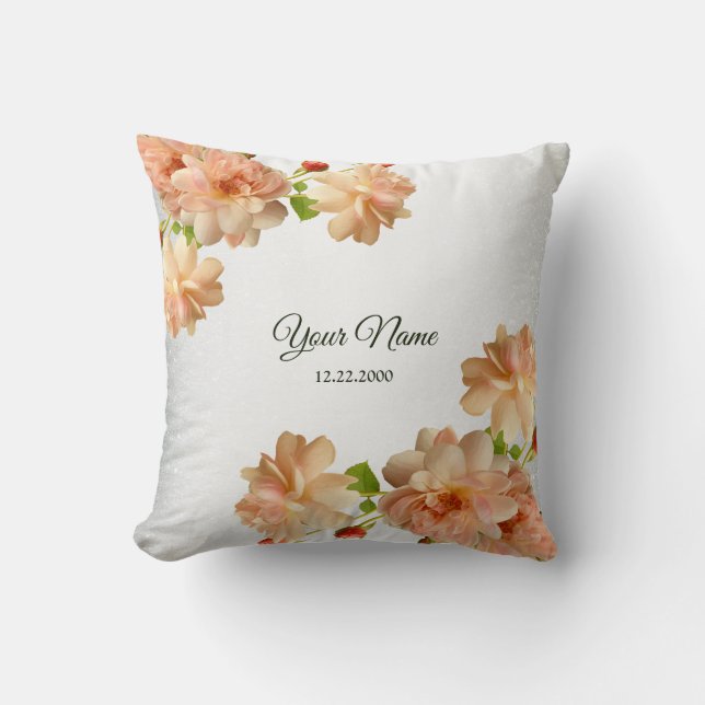 Peach Roses Floral Silver Glitter Wedding Party Throw Pillow (Front)