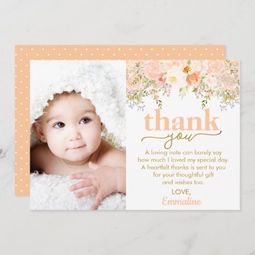 Peach Roses Girl Birthday Photo Thank You Card