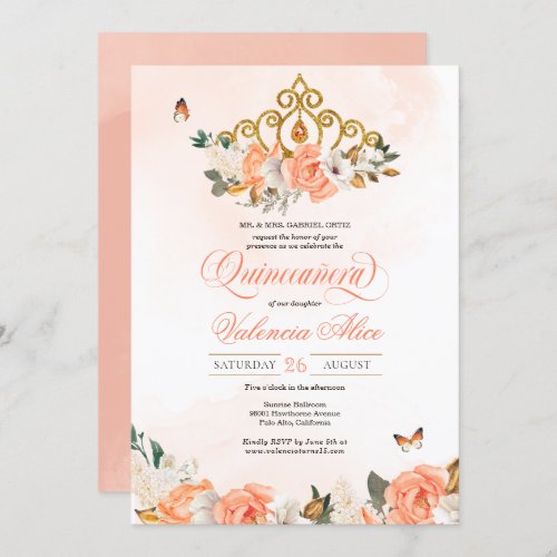 Peach Roses Gold Tiara Butterfly Quinceanera Invitation