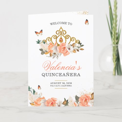 Peach Roses Gold Tiara Butterfly Quinceanera Program