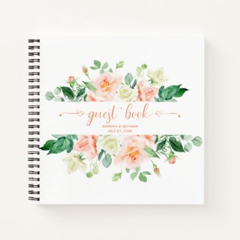 Peach Roses Greenery Wedding Guest Book by dmboyce at Zazzle