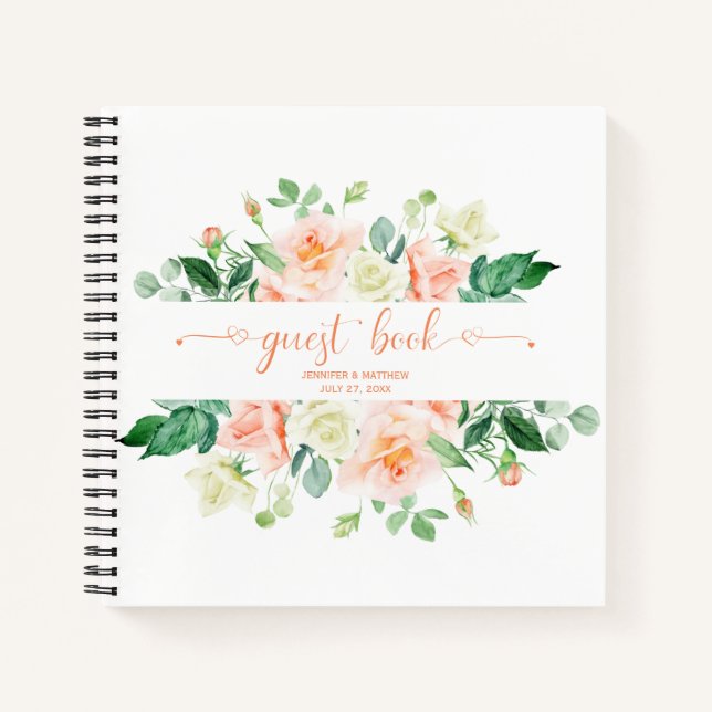 Peach Roses Greenery Wedding Guest Book (Front)