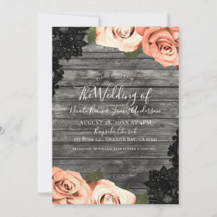 Peach Roses Grey Rustic Wood Black Lace Wedding Invitation