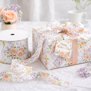 Peach Roses Lavender Cottagecore Floral Pattern Satin Ribbon