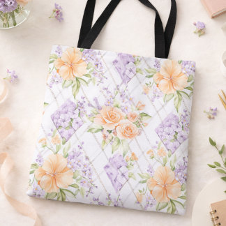 Peach Roses Lavender Cottagecore Floral Tote Bags