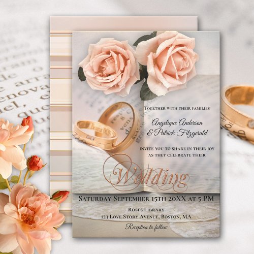 Peach Roses Love Story Book Wedding Invitation