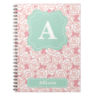 Peach Roses Mint Monogram Notebook