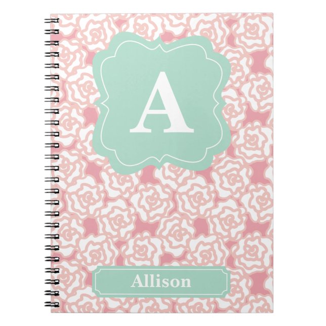 Peach Roses Mint Monogram Notebook (Front)