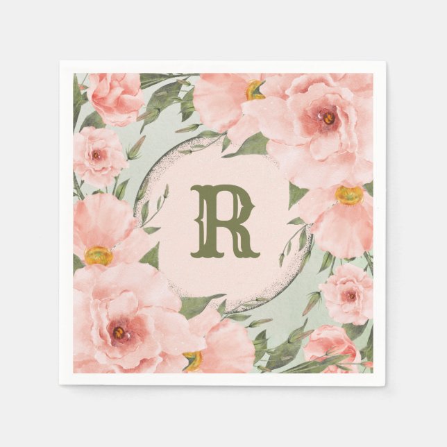 Peach Roses on Sage Green Personalized Napkins (Front)