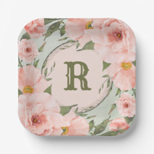 Peach Roses on Sage Green Personalized Paper Plates
