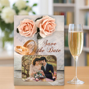 Peach Roses Photo Book Lovers Save the Date Card
