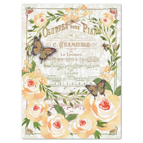 Peach roses piano music decoupage tissue paper