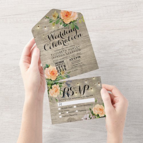 Peach Roses Rustic Wood String Lights Wedding RSVP All In One Invitation