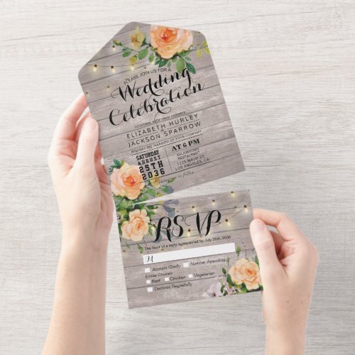 Peach Roses Rustic Wood String Lights Wedding RSVP All In One Invitation